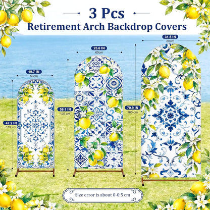 3 Pcs Blue Tiles Lemon Party Decoration Amalfi Coast Arch Backdrop Cover Mediterranean Summer Arch Cover Blue Yellow Backdrop for Wedding Bridal Shower Background Decor (Tiles Lemon)