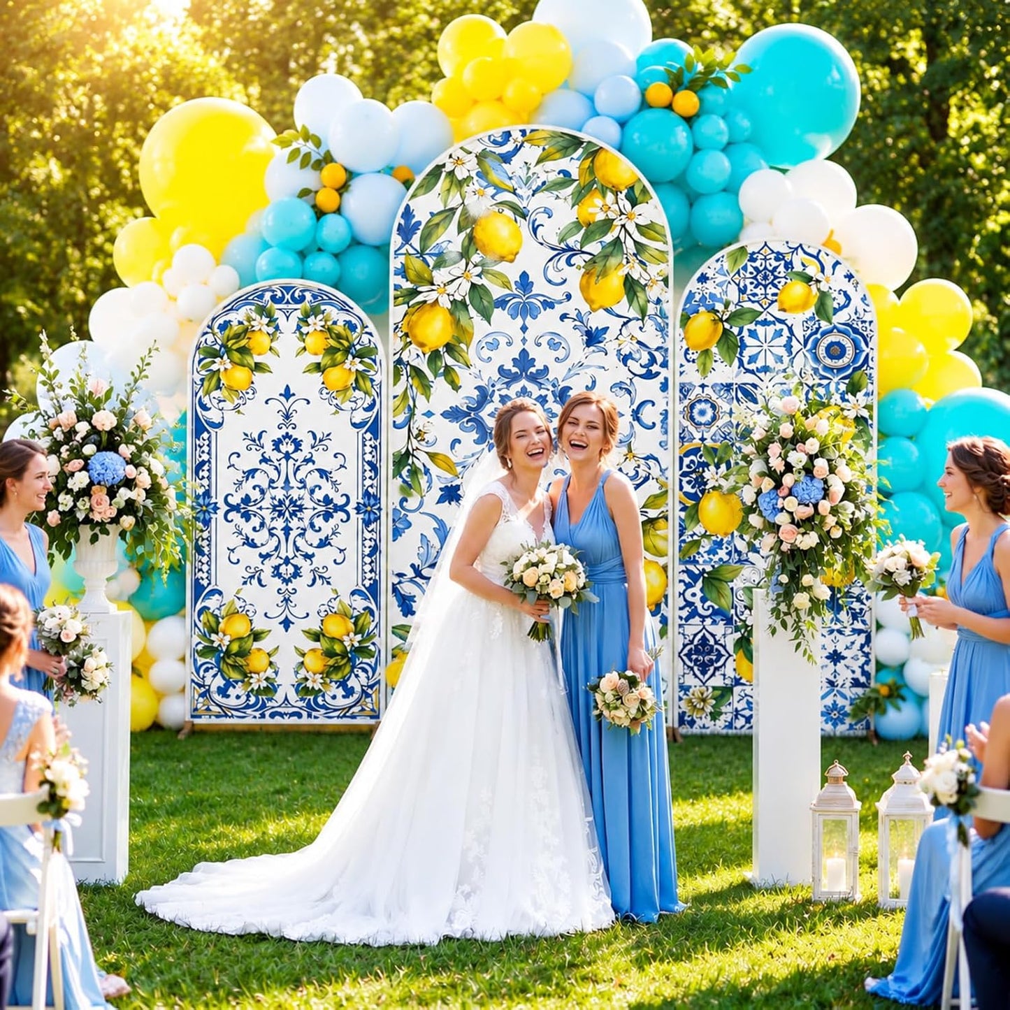 3 Pcs Blue Tiles Lemon Party Decoration Amalfi Coast Arch Backdrop Cover Mediterranean Summer Arch Cover Blue Yellow Backdrop for Wedding Bridal Shower Background Decor (Tiles Lemon)