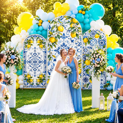 3 Pcs Blue Tiles Lemon Party Decoration Amalfi Coast Arch Backdrop Cover Mediterranean Summer Arch Cover Blue Yellow Backdrop for Wedding Bridal Shower Background Decor (Tiles Lemon)