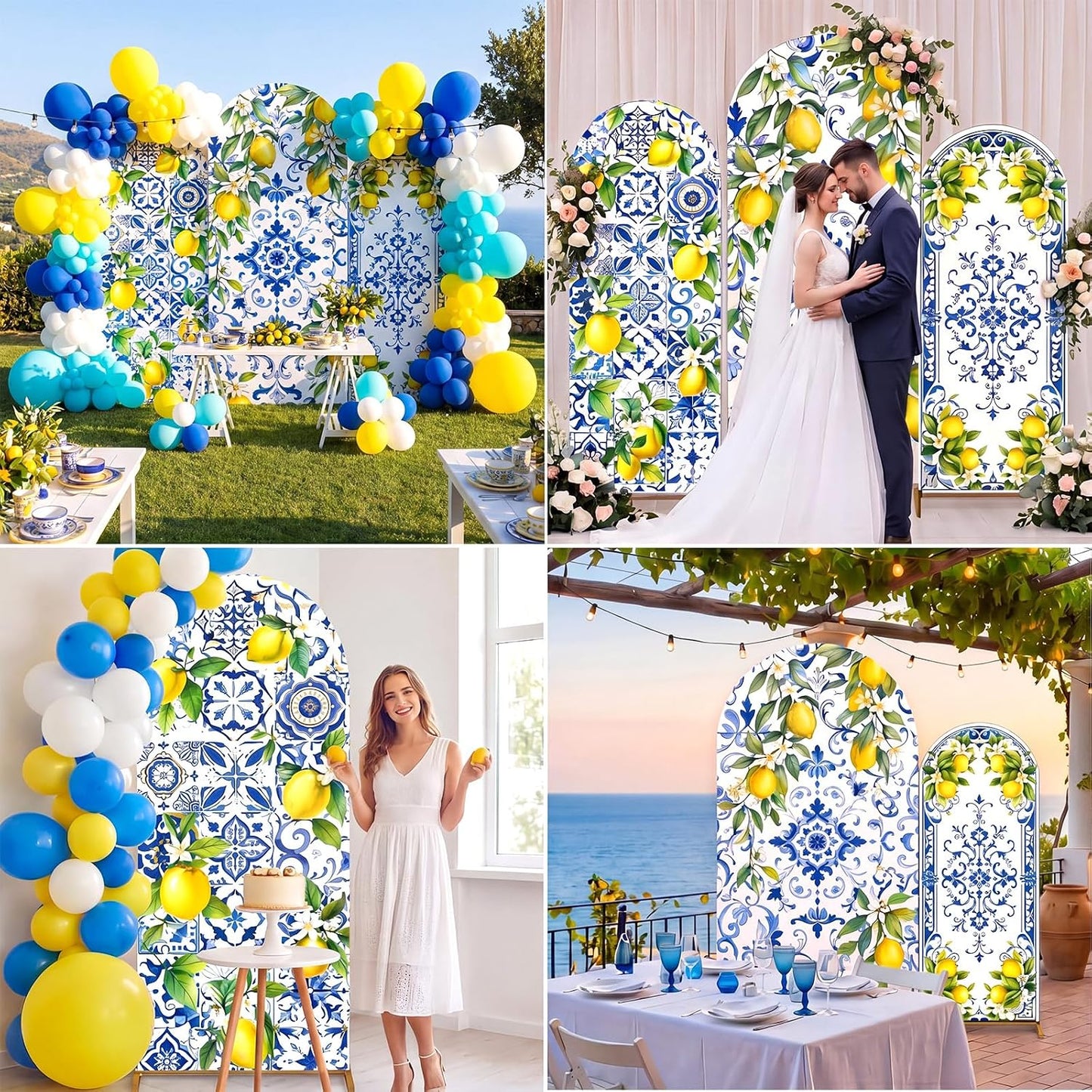 3 Pcs Blue Tiles Lemon Party Decoration Amalfi Coast Arch Backdrop Cover Mediterranean Summer Arch Cover Blue Yellow Backdrop for Wedding Bridal Shower Background Decor (Tiles Lemon)