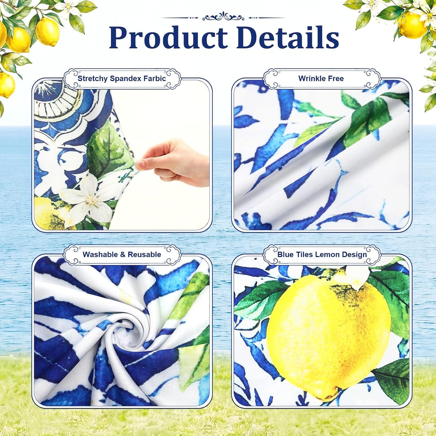 3 Pcs Blue Tiles Lemon Party Decoration Amalfi Coast Arch Backdrop Cover Mediterranean Summer Arch Cover Blue Yellow Backdrop for Wedding Bridal Shower Background Decor (Tiles Lemon)