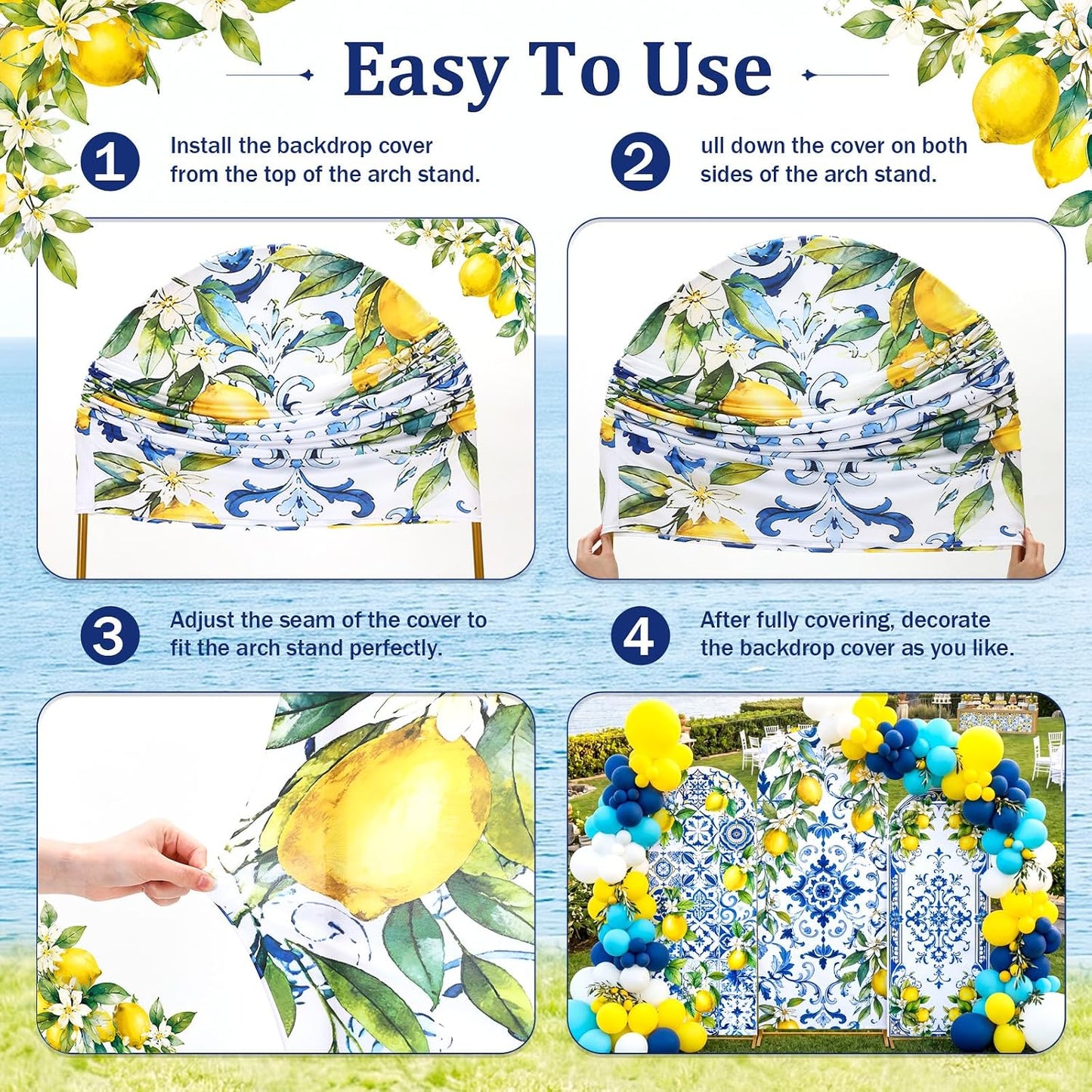 3 Pcs Blue Tiles Lemon Party Decoration Amalfi Coast Arch Backdrop Cover Mediterranean Summer Arch Cover Blue Yellow Backdrop for Wedding Bridal Shower Background Decor (Tiles Lemon)