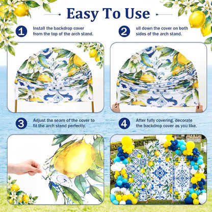 3 Pcs Blue Tiles Lemon Party Decoration Amalfi Coast Arch Backdrop Cover Mediterranean Summer Arch Cover Blue Yellow Backdrop for Wedding Bridal Shower Background Decor (Tiles Lemon)