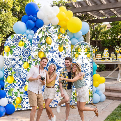 3 Pcs Blue Tiles Lemon Party Decoration Amalfi Coast Arch Backdrop Cover Mediterranean Summer Arch Cover Blue Yellow Backdrop for Wedding Bridal Shower Background Decor (Tiles Lemon)