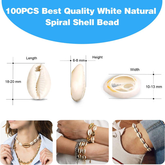 100Pcs Cowrie Shell Beads, Natural Shell Bead for Jewelry Making & Hair | White Natural Spiral Shell Bead, 0.39”-0.52”, Summer Beach Cowrie Shells for DIY Craft Bracelets, Necklaces, Anklets