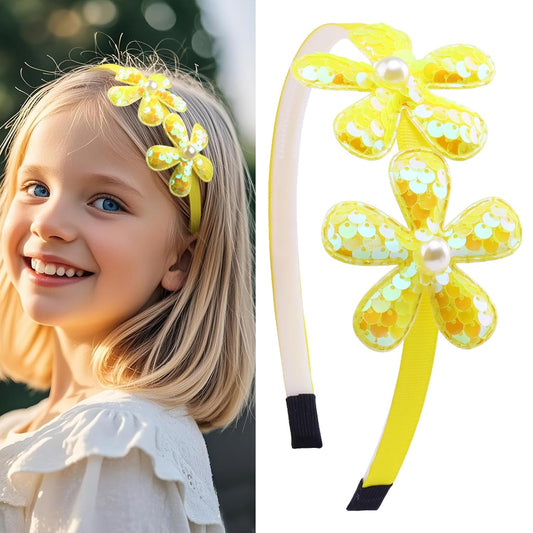 Yellow Flower Headband,Spring Summer Hairband for Women,Yellow Glitter Floral Hair Hoop,Non-Slip Headpiece Girl Hair Accessories for Birthday,Spring Tour (04, Large)