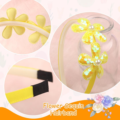 Yellow Flower Headband,Spring Summer Hairband for Women,Yellow Glitter Floral Hair Hoop,Non-Slip Headpiece Girl Hair Accessories for Birthday,Spring Tour (04, Large)