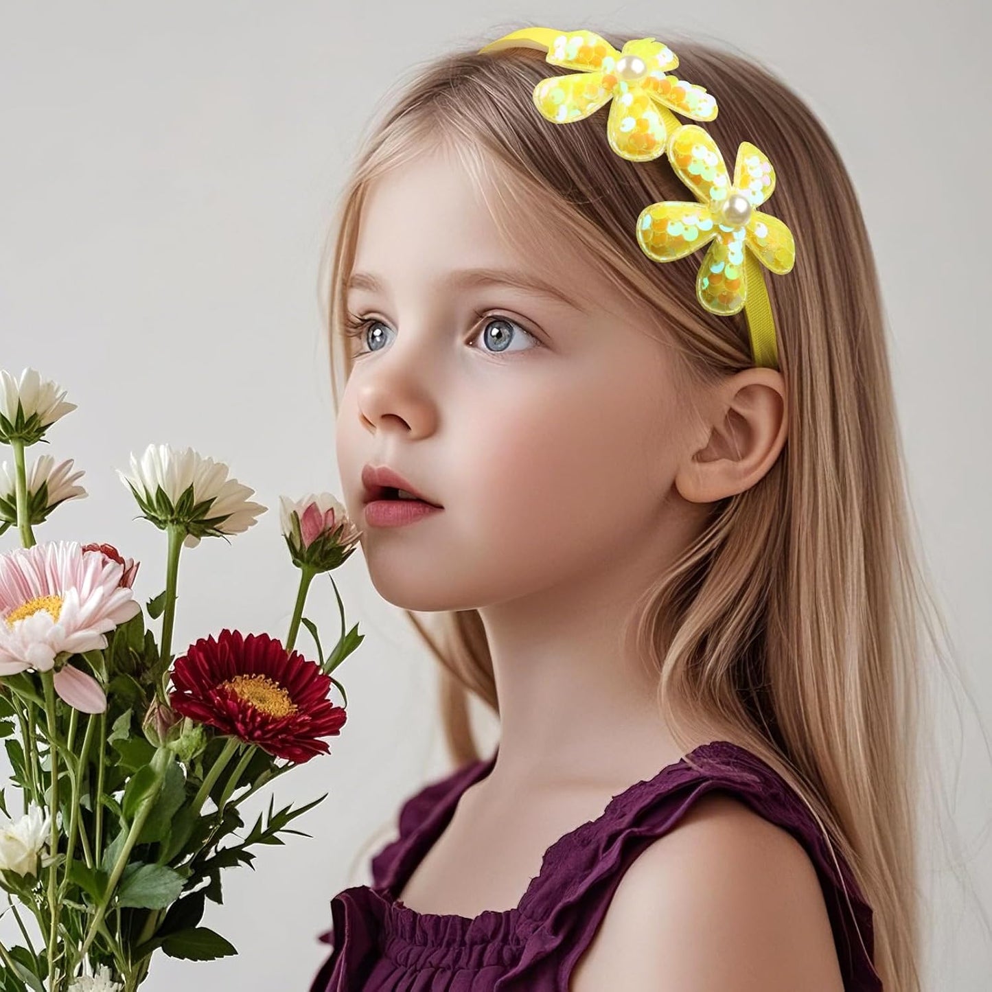 Yellow Flower Headband,Spring Summer Hairband for Women,Yellow Glitter Floral Hair Hoop,Non-Slip Headpiece Girl Hair Accessories for Birthday,Spring Tour (04, Large)