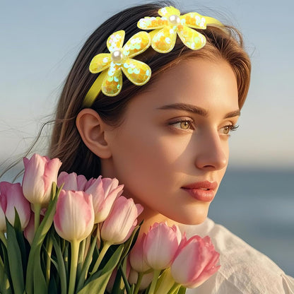 Yellow Flower Headband,Spring Summer Hairband for Women,Yellow Glitter Floral Hair Hoop,Non-Slip Headpiece Girl Hair Accessories for Birthday,Spring Tour (04, Large)