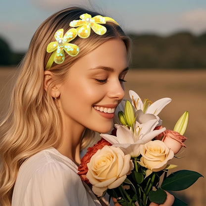 Yellow Flower Headband,Spring Summer Hairband for Women,Yellow Glitter Floral Hair Hoop,Non-Slip Headpiece Girl Hair Accessories for Birthday,Spring Tour (04, Large)