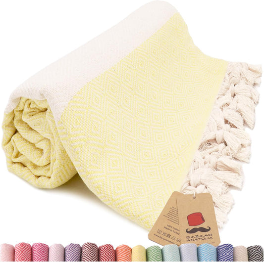 Turkish Beach Towel – 100% Cotton, Quick Dry, Sand Free Towel for Bathroom, Camping, Travel – Oversized 71x39 Inches – Diamond Yellow
