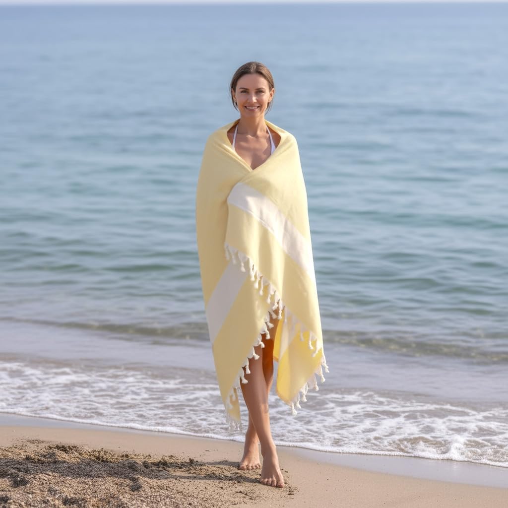 Turkish Beach Towel – 100% Cotton, Quick Dry, Sand Free Towel for Bathroom, Camping, Travel – Oversized 71x39 Inches – Diamond Yellow