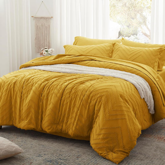 Queen Comforter Set, Mustard Yellow Tufted Bed in a Bag 7 Pieces with Sheets, All Season Bedding Sets 1 Comforter, 2 PillowShams, Pillowcases, Flat Sheet, Fitted Sheet (ANUS23CF04YE8888)