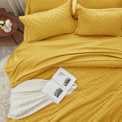 Queen Comforter Set, Mustard Yellow Tufted Bed in a Bag 7 Pieces with Sheets, All Season Bedding Sets 1 Comforter, 2 PillowShams, Pillowcases, Flat Sheet, Fitted Sheet (ANUS23CF04YE8888)