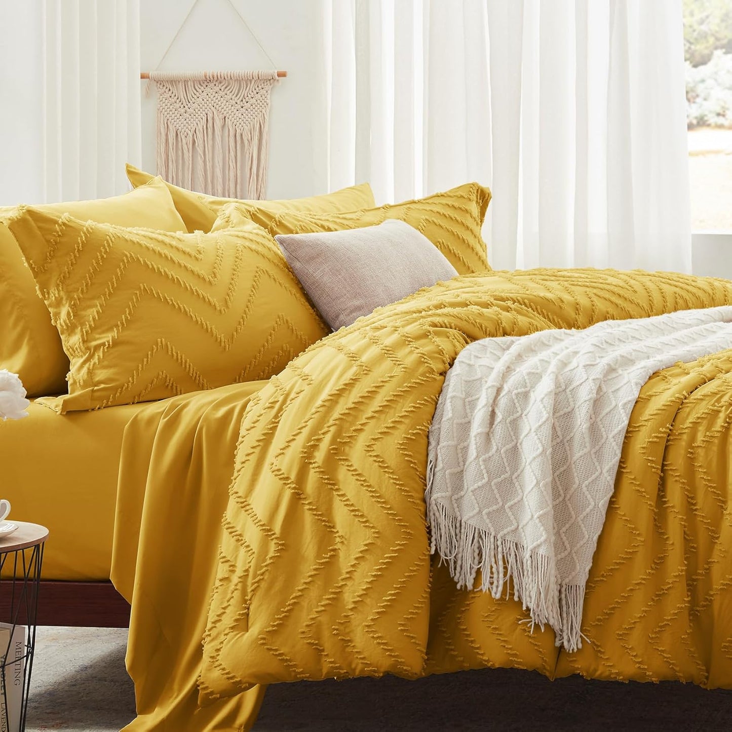 Queen Comforter Set, Mustard Yellow Tufted Bed in a Bag 7 Pieces with Sheets, All Season Bedding Sets 1 Comforter, 2 PillowShams, Pillowcases, Flat Sheet, Fitted Sheet (ANUS23CF04YE8888)