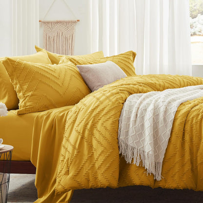 Queen Comforter Set, Mustard Yellow Tufted Bed in a Bag 7 Pieces with Sheets, All Season Bedding Sets 1 Comforter, 2 PillowShams, Pillowcases, Flat Sheet, Fitted Sheet (ANUS23CF04YE8888)