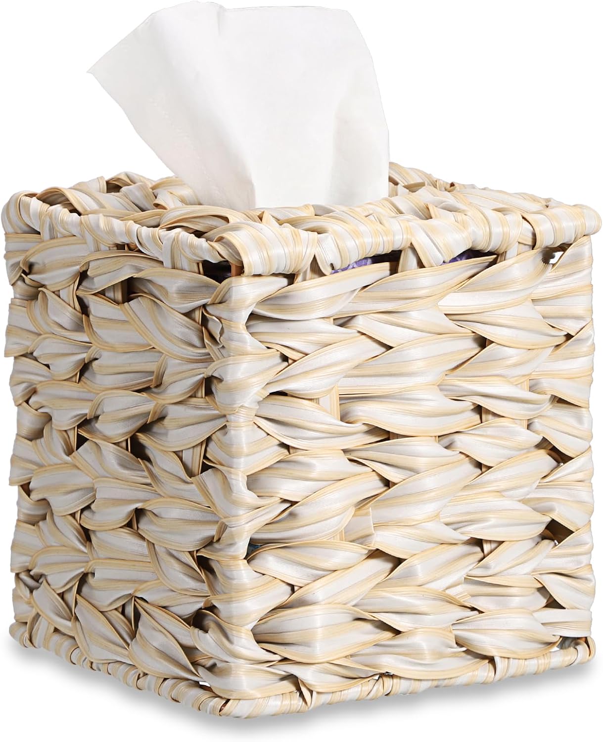 Wicker Tissue Box Cover, Square Tissue Box Holder, Hand Woven Facial Tissues Dispenser, Decorative Boho Tissue Box Organizer for Bathroom Bedroom Kitchen Office Table Desk Counter, Beige