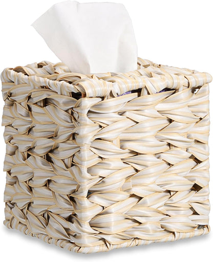 Wicker Tissue Box Cover, Square Tissue Box Holder, Hand Woven Facial Tissues Dispenser, Decorative Boho Tissue Box Organizer for Bathroom Bedroom Kitchen Office Table Desk Counter, Beige