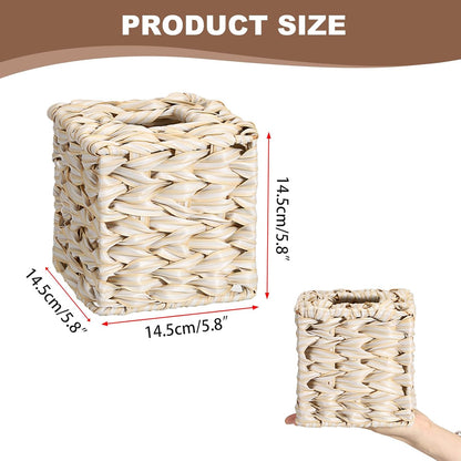 Wicker Tissue Box Cover, Square Tissue Box Holder, Hand Woven Facial Tissues Dispenser, Decorative Boho Tissue Box Organizer for Bathroom Bedroom Kitchen Office Table Desk Counter, Beige