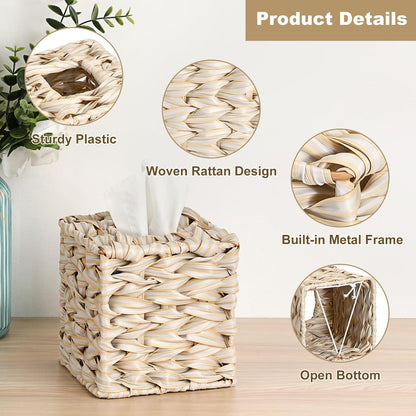 Wicker Tissue Box Cover, Square Tissue Box Holder, Hand Woven Facial Tissues Dispenser, Decorative Boho Tissue Box Organizer for Bathroom Bedroom Kitchen Office Table Desk Counter, Beige