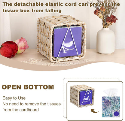 Wicker Tissue Box Cover, Square Tissue Box Holder, Hand Woven Facial Tissues Dispenser, Decorative Boho Tissue Box Organizer for Bathroom Bedroom Kitchen Office Table Desk Counter, Beige