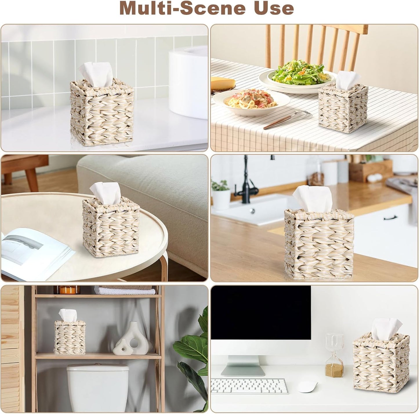 Wicker Tissue Box Cover, Square Tissue Box Holder, Hand Woven Facial Tissues Dispenser, Decorative Boho Tissue Box Organizer for Bathroom Bedroom Kitchen Office Table Desk Counter, Beige
