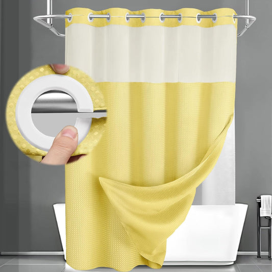No Hook Shower Curtain and Liner Set,Yellow Hotel Waffle Shower Curtain with Liner 75" L x 72" W