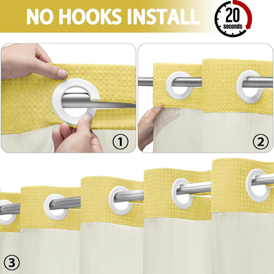 No Hook Shower Curtain and Liner Set,Yellow Hotel Waffle Shower Curtain with Liner 75" L x 72" W
