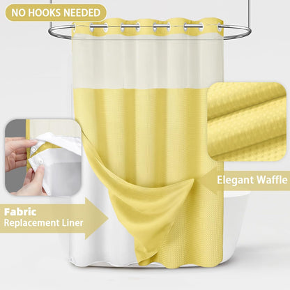 No Hook Shower Curtain and Liner Set,Yellow Hotel Waffle Shower Curtain with Liner 75" L x 72" W