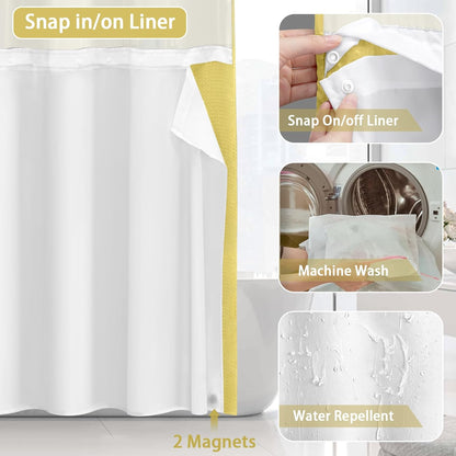 No Hook Shower Curtain and Liner Set,Yellow Hotel Waffle Shower Curtain with Liner 75" L x 72" W