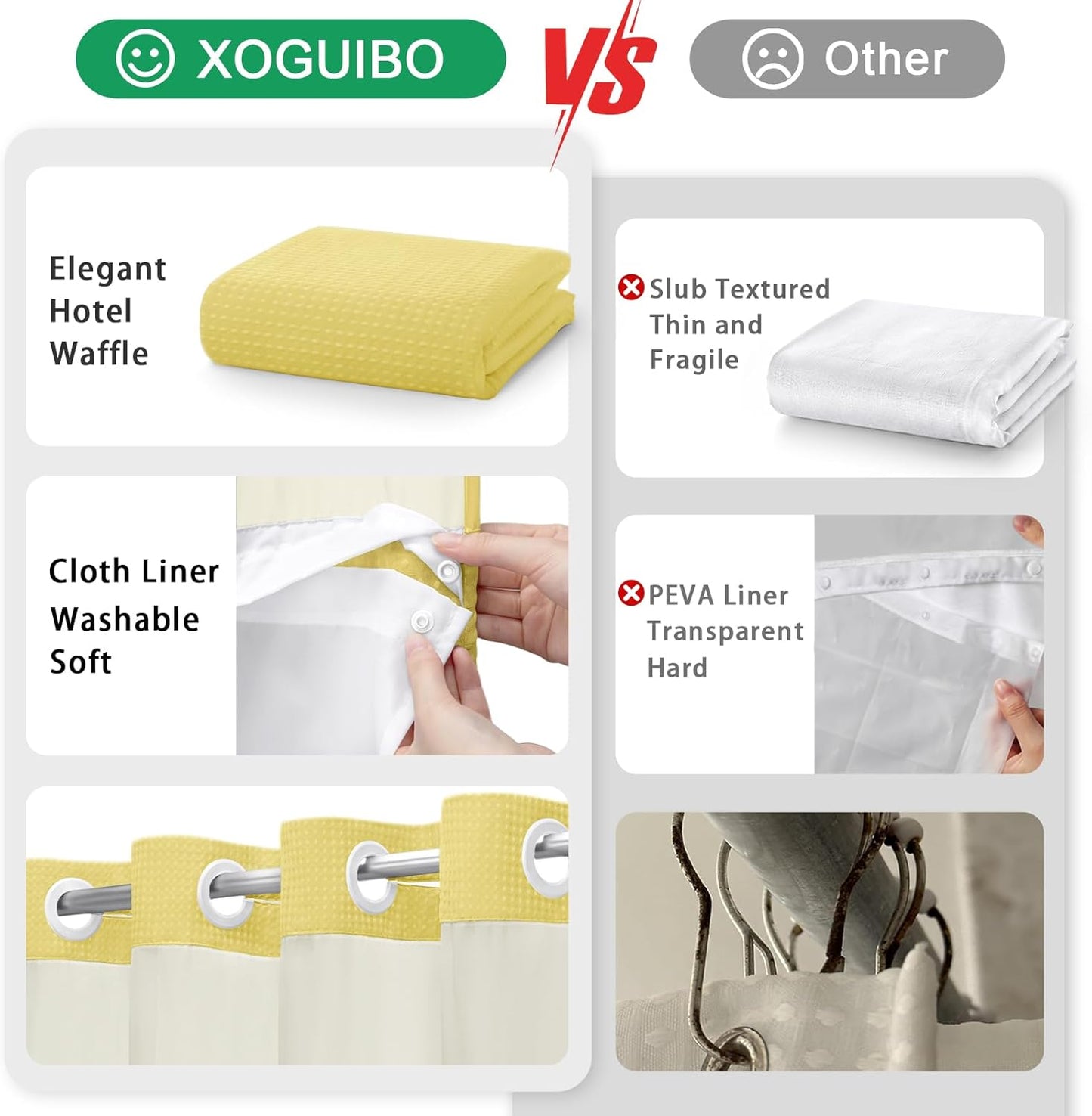 No Hook Shower Curtain and Liner Set,Yellow Hotel Waffle Shower Curtain with Liner 75" L x 72" W