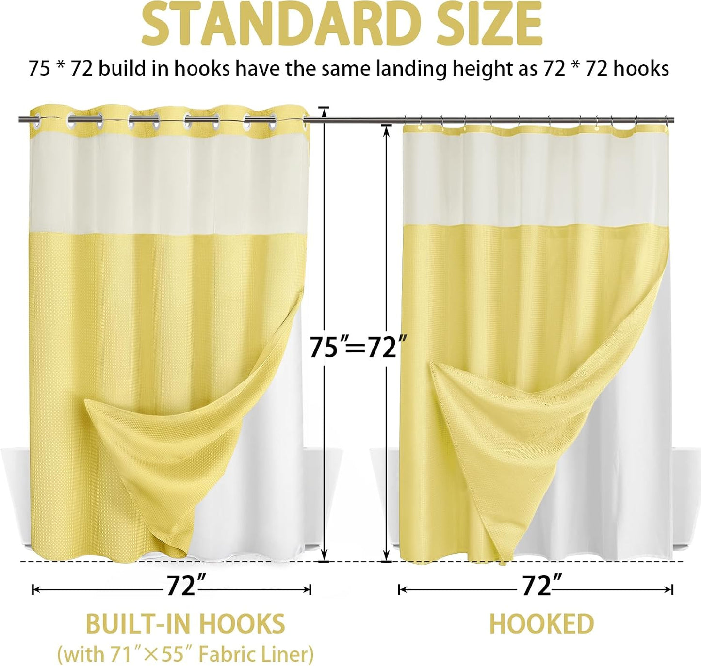 No Hook Shower Curtain and Liner Set,Yellow Hotel Waffle Shower Curtain with Liner 75" L x 72" W