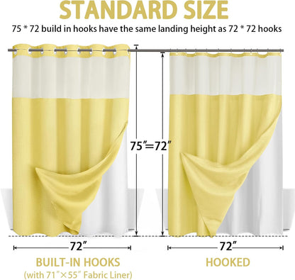 No Hook Shower Curtain and Liner Set,Yellow Hotel Waffle Shower Curtain with Liner 75" L x 72" W