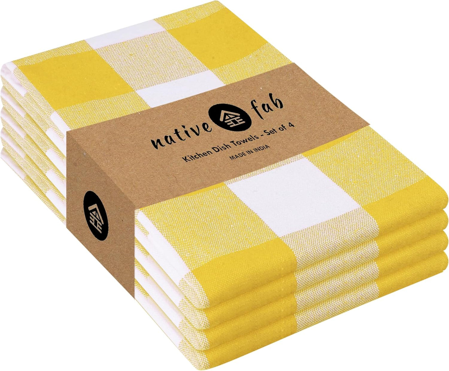 Yellow Buffalo Dish Towel 16"x26", Set of 4 - Cotton Plaid Towels, Soft Absorbent Dishcloths with Hanging Loop, Kitchen Towels for Quick Drying - Yellow White