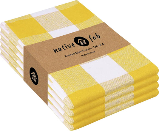 Yellow Buffalo Dish Towel 16"x26", Set of 4 - Cotton Plaid Towels, Soft Absorbent Dishcloths with Hanging Loop, Kitchen Towels for Quick Drying - Yellow White