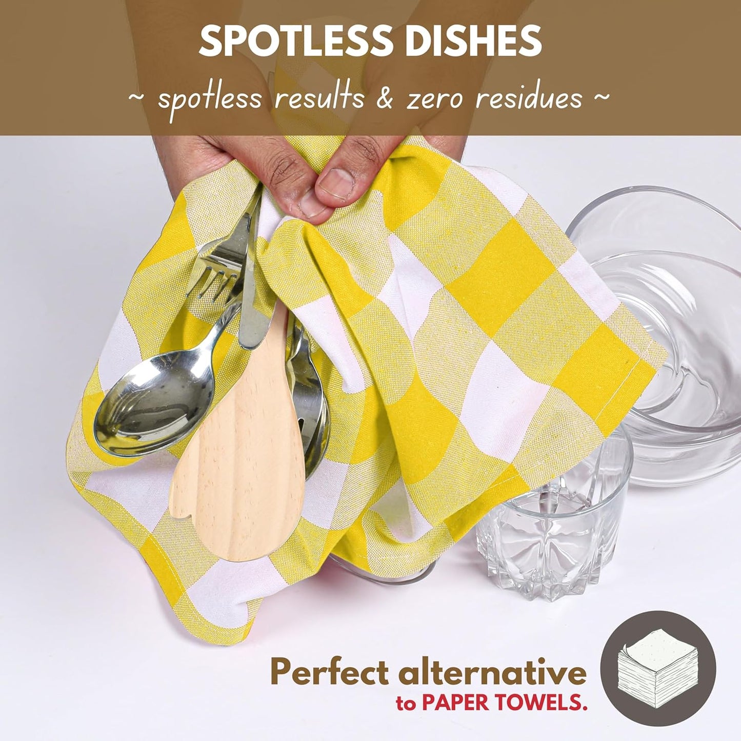 Yellow Buffalo Dish Towel 16"x26", Set of 4 - Cotton Plaid Towels, Soft Absorbent Dishcloths with Hanging Loop, Kitchen Towels for Quick Drying - Yellow White