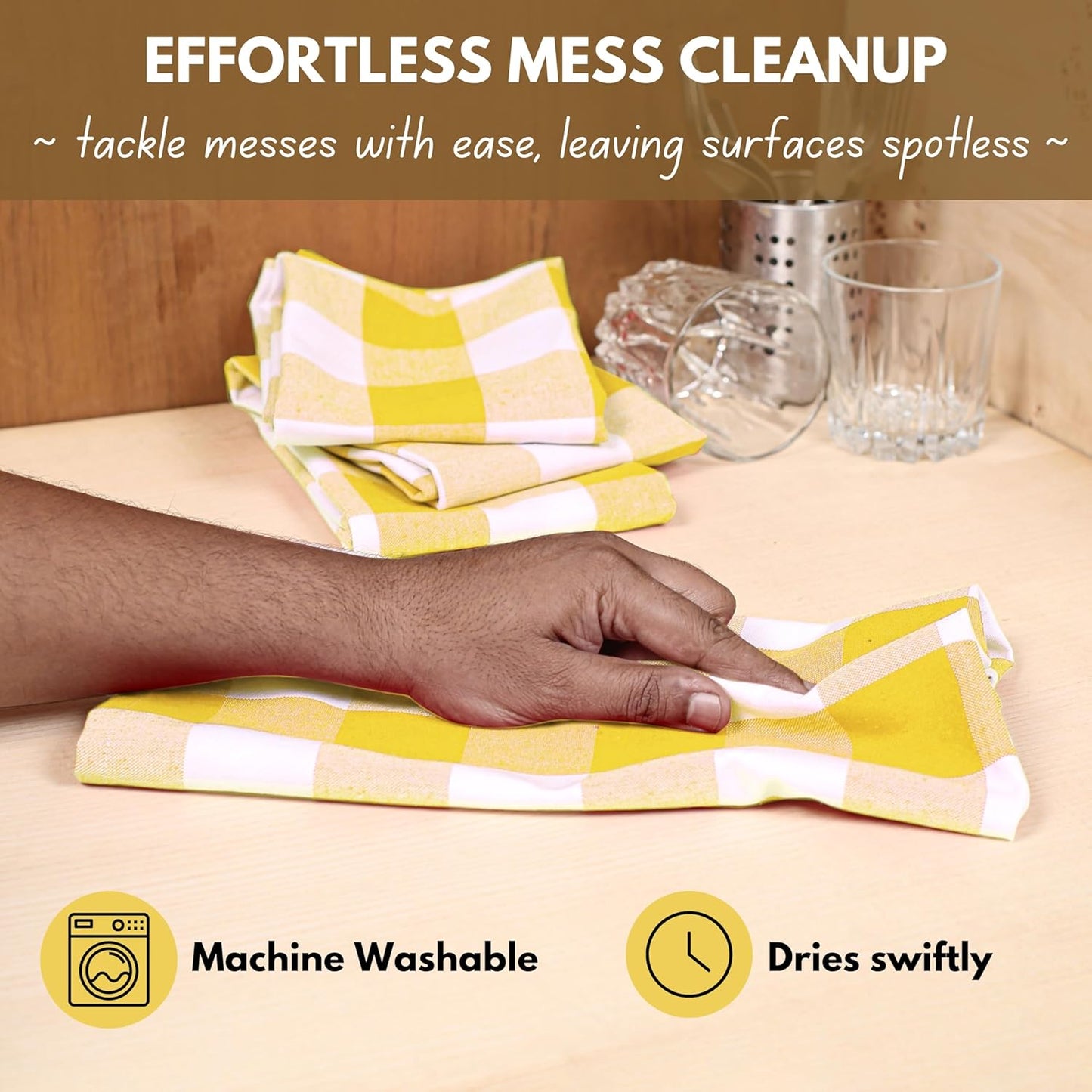 Yellow Buffalo Dish Towel 16"x26", Set of 4 - Cotton Plaid Towels, Soft Absorbent Dishcloths with Hanging Loop, Kitchen Towels for Quick Drying - Yellow White