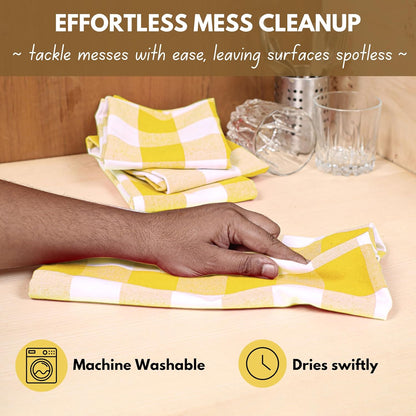 Yellow Buffalo Dish Towel 16"x26", Set of 4 - Cotton Plaid Towels, Soft Absorbent Dishcloths with Hanging Loop, Kitchen Towels for Quick Drying - Yellow White