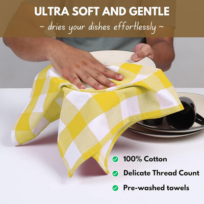 Yellow Buffalo Dish Towel 16"x26", Set of 4 - Cotton Plaid Towels, Soft Absorbent Dishcloths with Hanging Loop, Kitchen Towels for Quick Drying - Yellow White