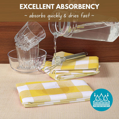 Yellow Buffalo Dish Towel 16"x26", Set of 4 - Cotton Plaid Towels, Soft Absorbent Dishcloths with Hanging Loop, Kitchen Towels for Quick Drying - Yellow White
