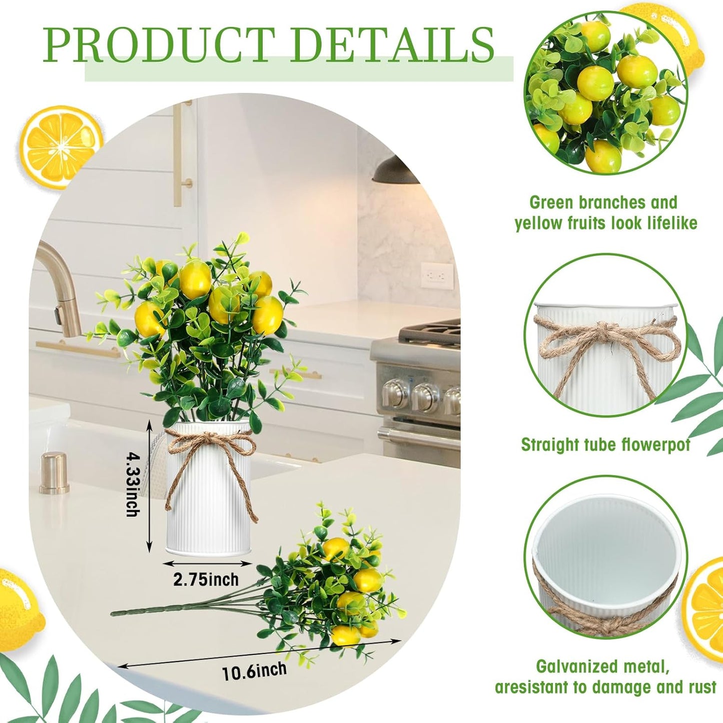 8 Pack Faux Lemon Kitchen Decor and Accessories Metal Lemon Mason Jar Table Centerpiece Decorations for Home Fake Potted Artificial Plant for Summer Tiered Tray Spring Farmhouse