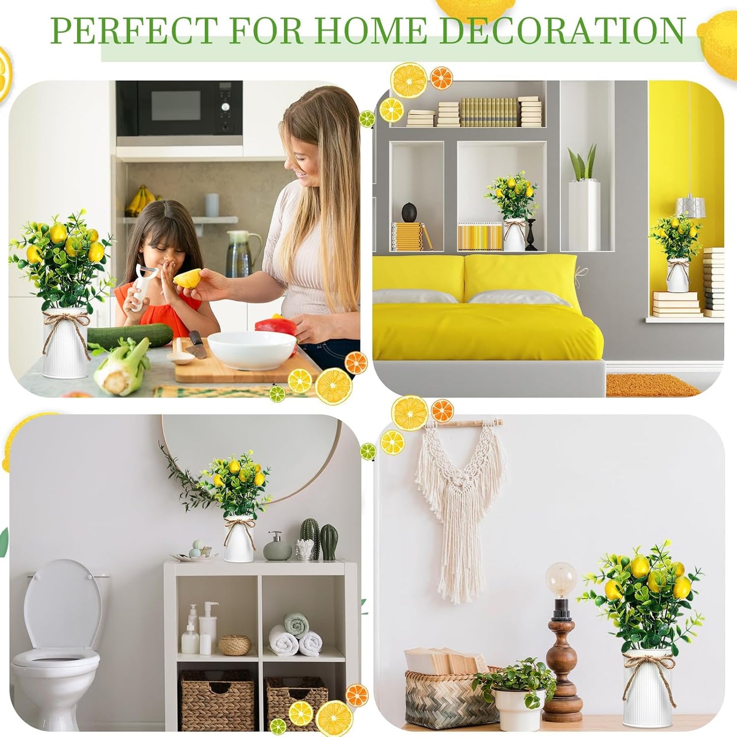 8 Pack Faux Lemon Kitchen Decor and Accessories Metal Lemon Mason Jar Table Centerpiece Decorations for Home Fake Potted Artificial Plant for Summer Tiered Tray Spring Farmhouse