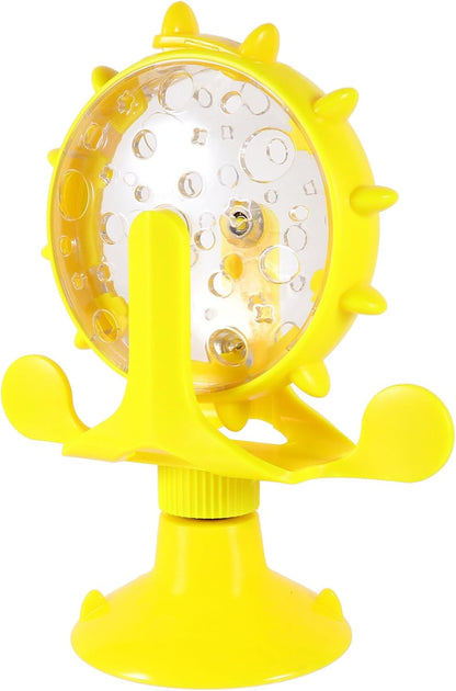 Windmill Cat Toy Cat Treat Dispenser Toy Interactive Cat Toy Slow Feeder Dog Food Dispenser Pet Treat Feeder 360 Degree Rotating Windmill Toys with Suction Cup, Yellow