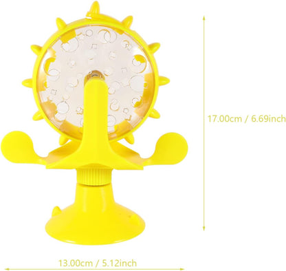 Windmill Cat Toy Cat Treat Dispenser Toy Interactive Cat Toy Slow Feeder Dog Food Dispenser Pet Treat Feeder 360 Degree Rotating Windmill Toys with Suction Cup, Yellow