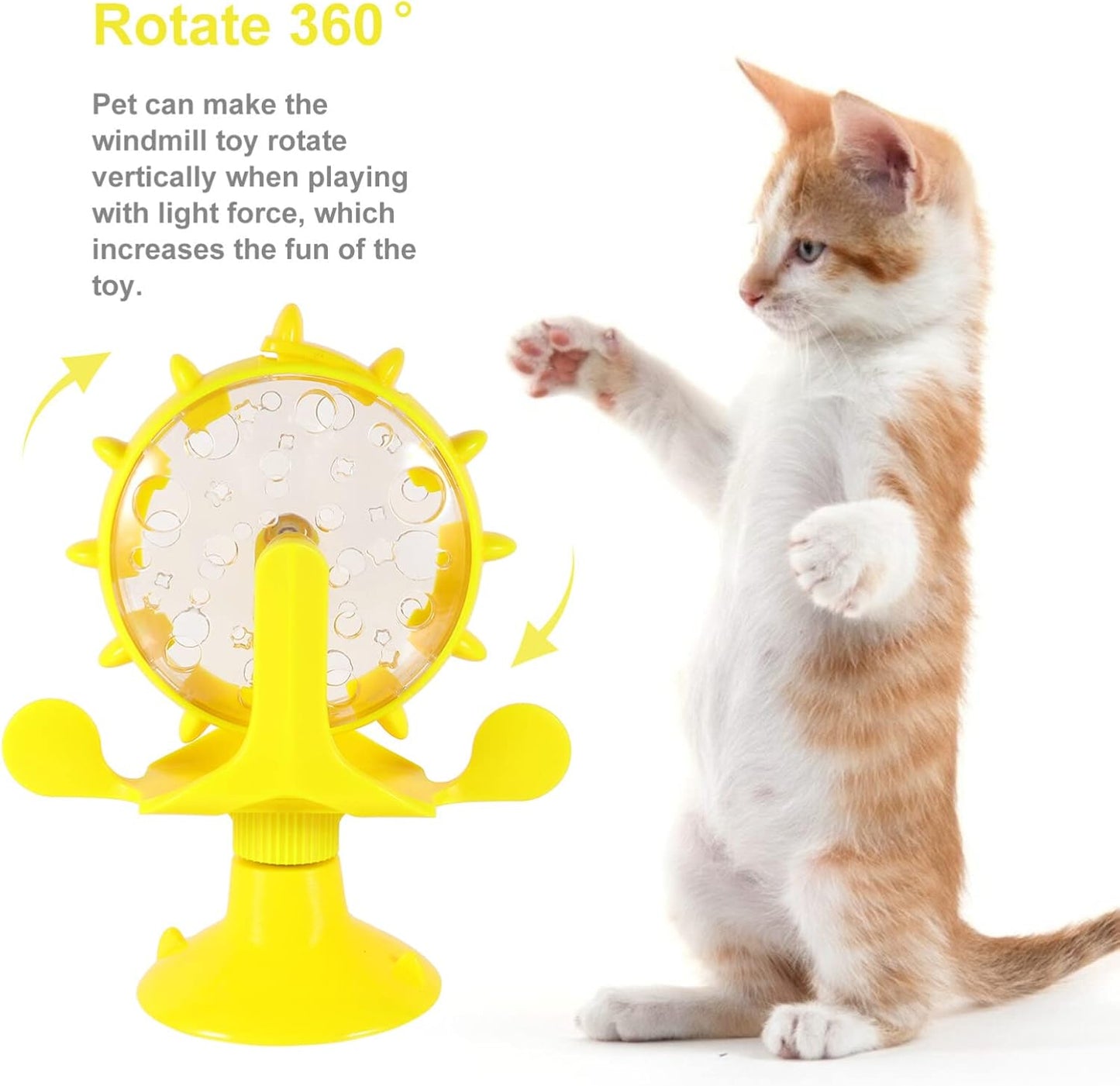 Windmill Cat Toy Cat Treat Dispenser Toy Interactive Cat Toy Slow Feeder Dog Food Dispenser Pet Treat Feeder 360 Degree Rotating Windmill Toys with Suction Cup, Yellow