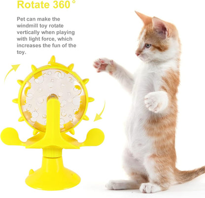 Windmill Cat Toy Cat Treat Dispenser Toy Interactive Cat Toy Slow Feeder Dog Food Dispenser Pet Treat Feeder 360 Degree Rotating Windmill Toys with Suction Cup, Yellow