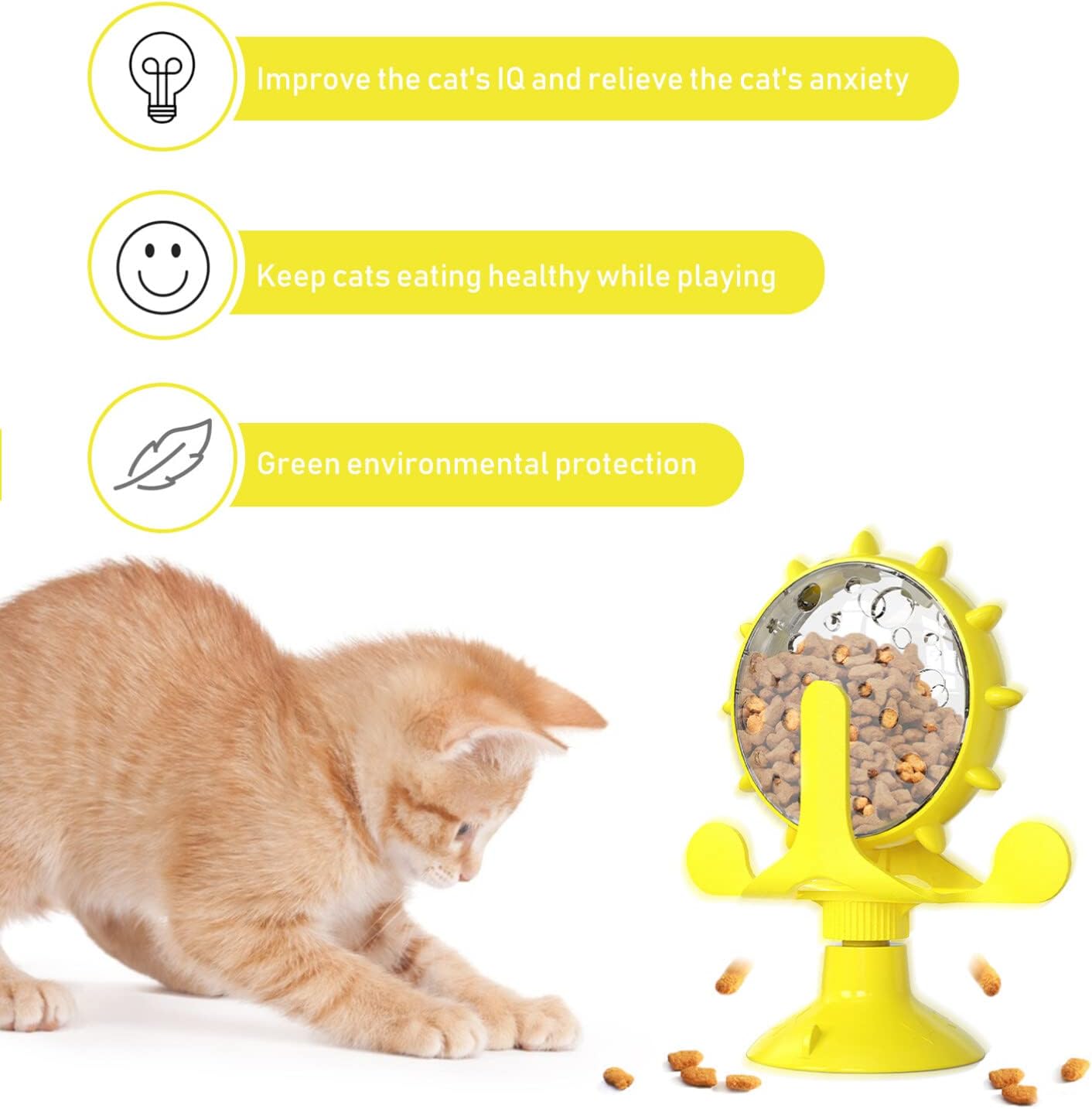 Windmill Cat Toy Cat Treat Dispenser Toy Interactive Cat Toy Slow Feeder Dog Food Dispenser Pet Treat Feeder 360 Degree Rotating Windmill Toys with Suction Cup, Yellow