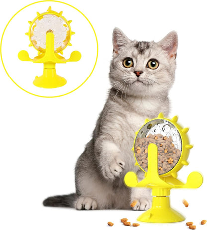 Windmill Cat Toy Cat Treat Dispenser Toy Interactive Cat Toy Slow Feeder Dog Food Dispenser Pet Treat Feeder 360 Degree Rotating Windmill Toys with Suction Cup, Yellow