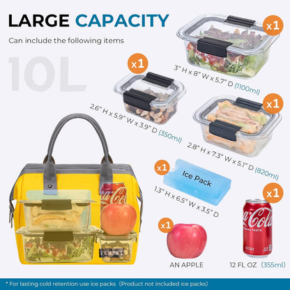 Large Insulated Lunch Bag for Women Men Leakproof Cooler Lunch Tote Bags for Work Travel Adult Thermal Lunchbox for Office -10L Yellow