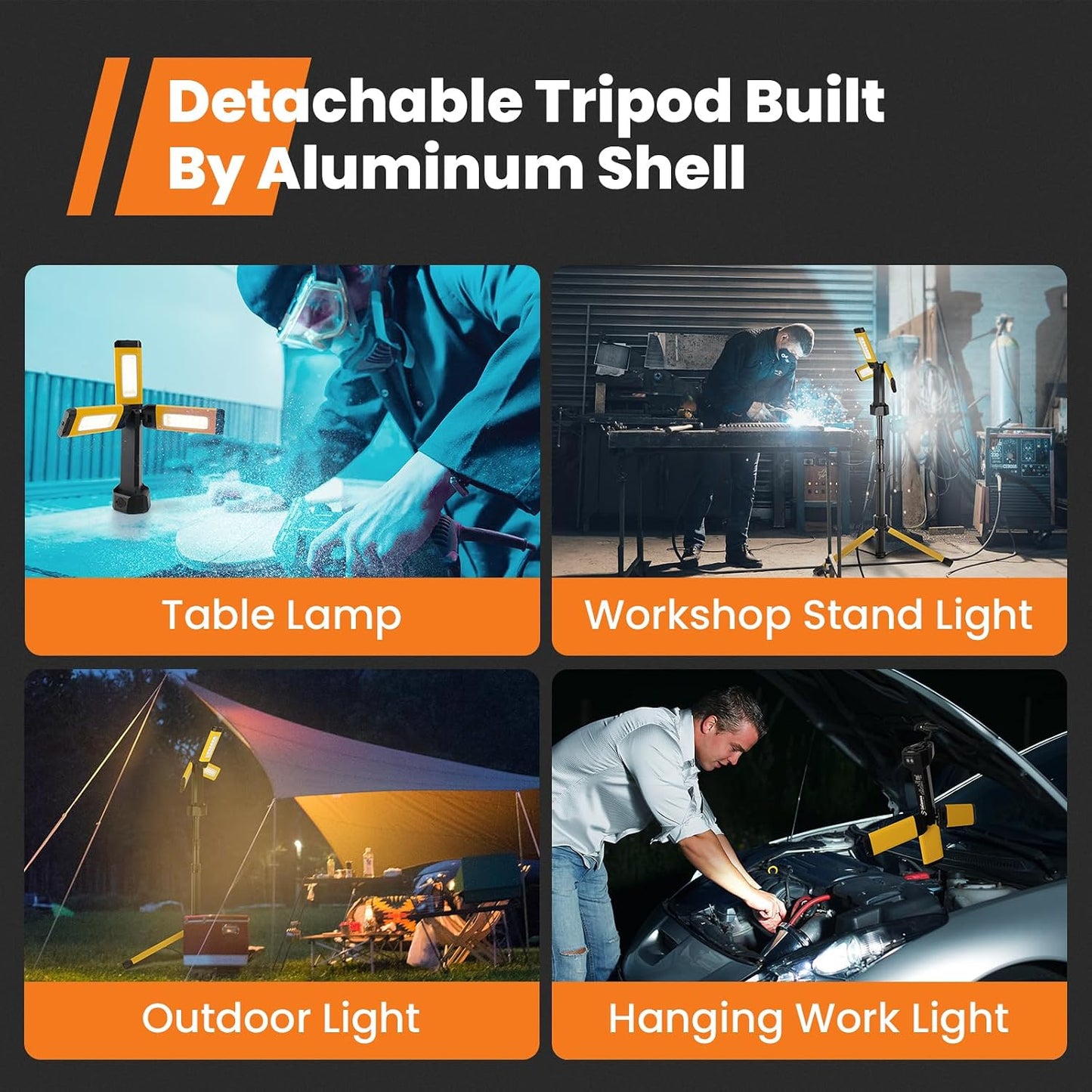 Rechargeable Work Light with Stand, Cordless Work Light with Triple LED Lamps, 8AH Battery, 700/1200/2200 Lumen, 4000/6500K Dimmable Camping Light with Detachable Tripod（Yellow）